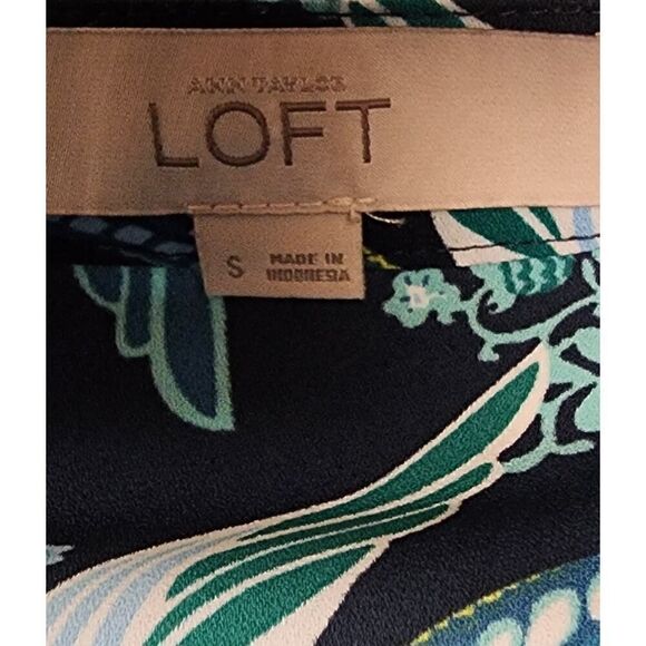 ANN TAYLOR LOFT PEACOCK PRINT SCOOP NECK LONG SLEEVE BLOUSE TEAL/BLACK SMALL - Picture 8 of 9
